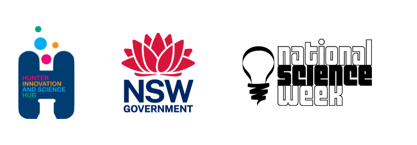 Hunter Innovation and Science Hub, NSW Government and National Science Week logos